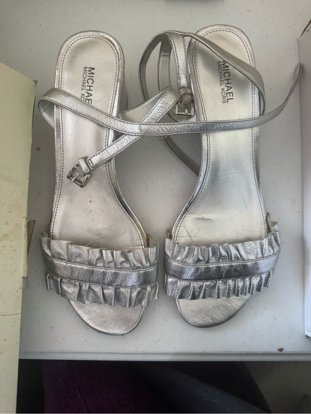 Michael Kors Silver Ruffle Strap Ankle-Sling Sandals